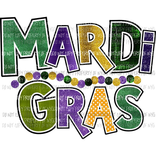 Mardi Gras word art #2 dark colors gold purple green orange beads Sublimation transfers Heat Transfer