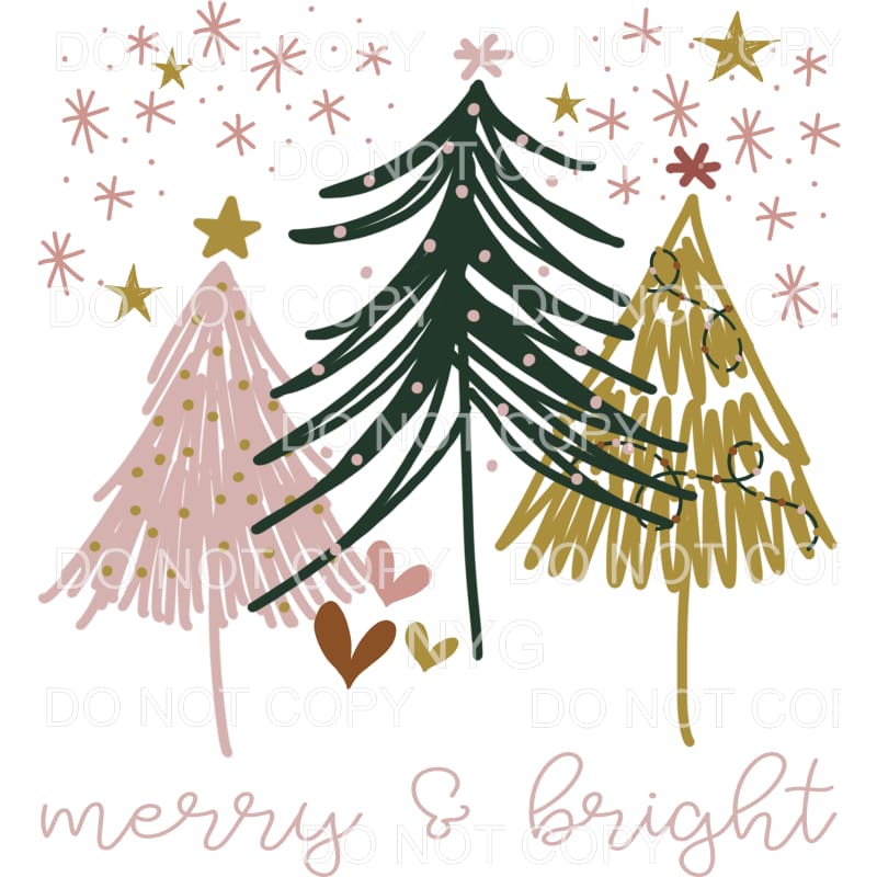 Merry And Bright Boho Christmas Trees Pink Black Gold #740 