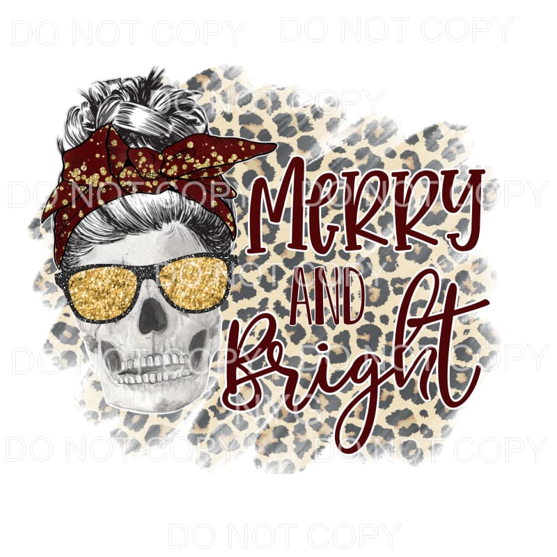Merry And Bright Skull Messy Bun Burgundy Gold Leopard #1492