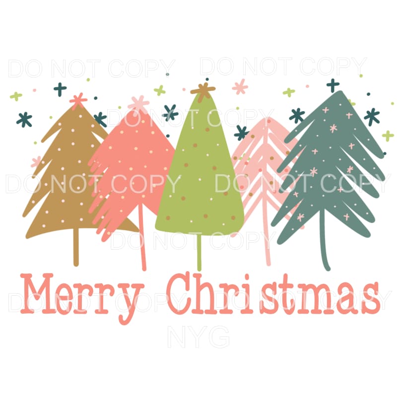 Merry Christmas Abstract Trees Pink Green Brown Snowflakes 