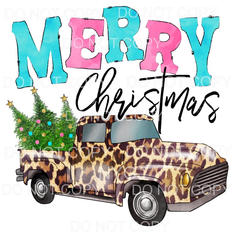 Merry Christmas Blue Pink Leopard Vintage Truck Sublimation 