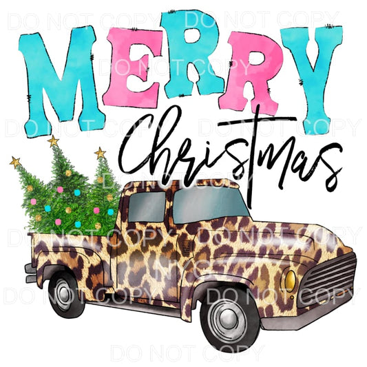 Merry Christmas Blue Pink Leopard Vintage Truck Sublimation 
