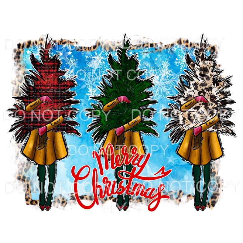 Merry Christmas Girls Holding Trees Red Pliad Green Leopard 