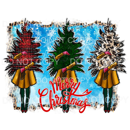 Merry Christmas Girls Holding Trees Red Pliad Green Leopard 