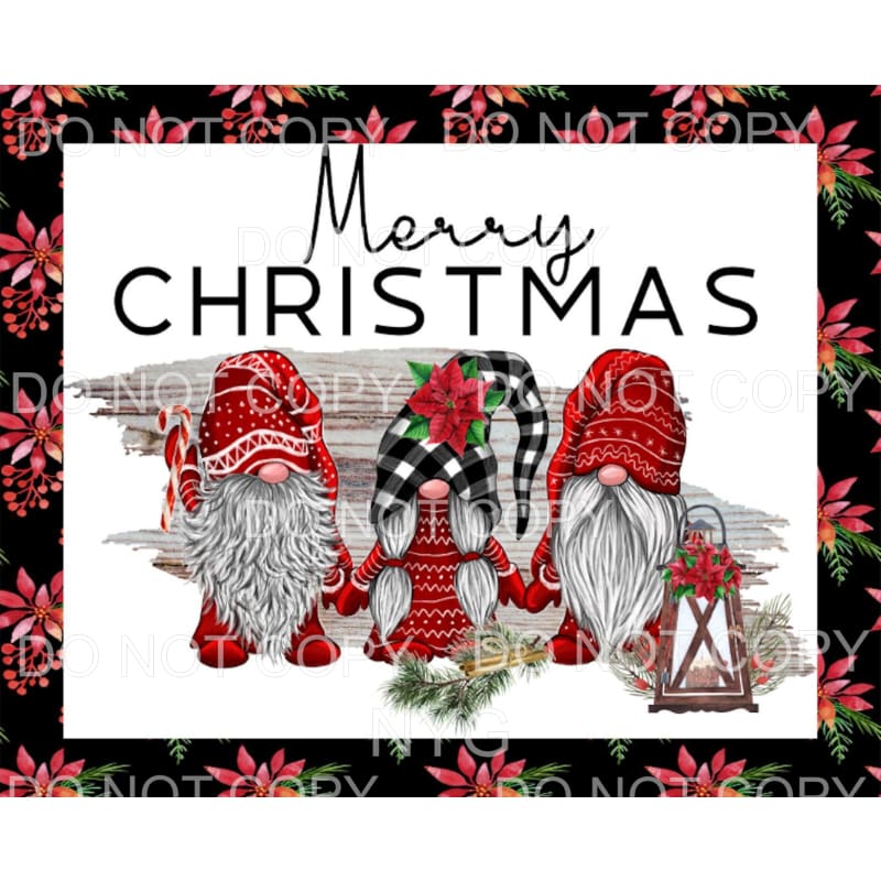 Merry Christmas Gnomes Red Sweaters Hats Poinsettia Frame 