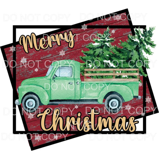 Merry Christmas Green Vintage Truck Tree Red Wood Snowflake 