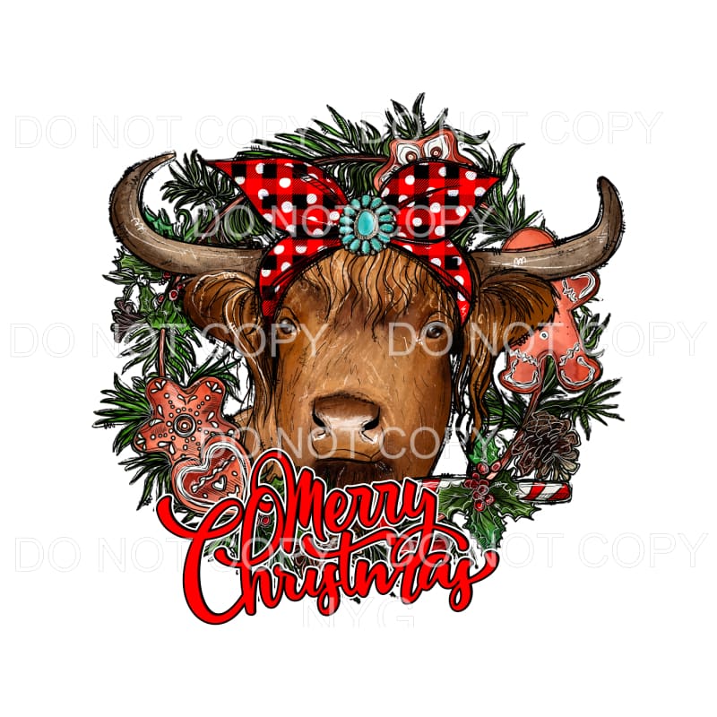Merry Christmas Longhorn Cow Red Plaid Polka Dot Bow 
