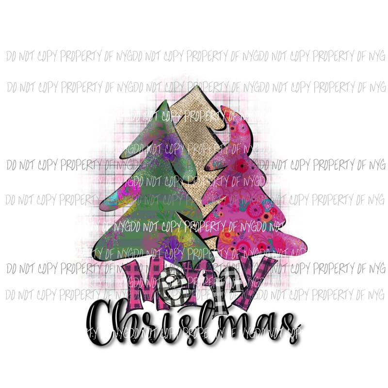 Merry Christmas pink tree trio plaid Sublimation transfers Heat Transfer