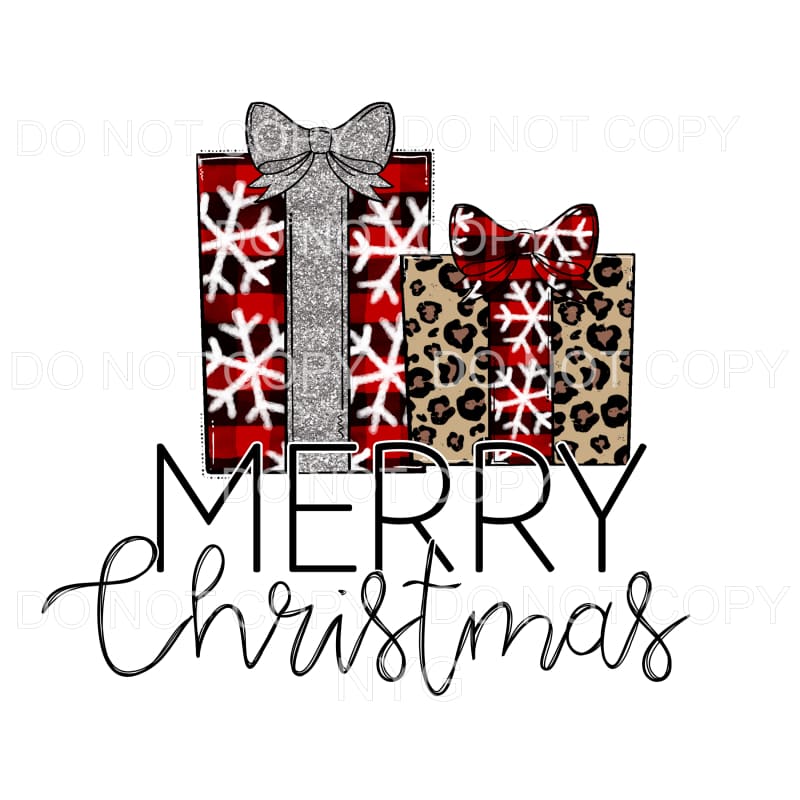 Merry Christmas Presents Red Plaid Silver Glitter Snowflakes