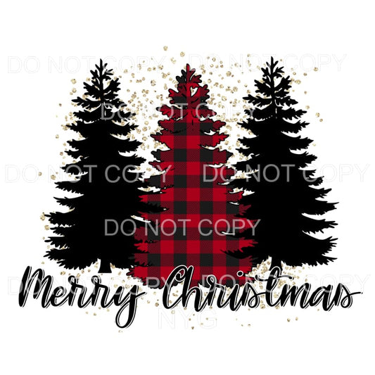 Merry Christmas Red Buffalo Plaid Black Trees Sublimation 