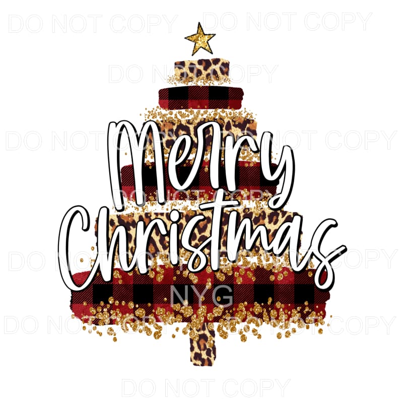 Merry Christmas Red Plaid Leopard Brush Strokes Tree Gold 