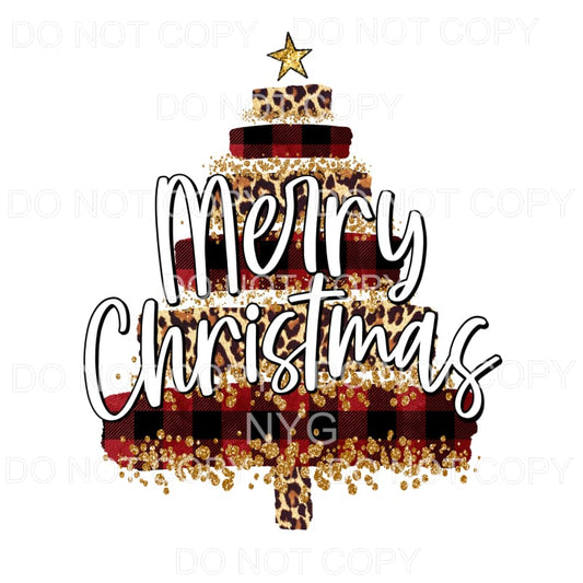 Merry Christmas Red Plaid Leopard Brush Strokes Tree Gold 