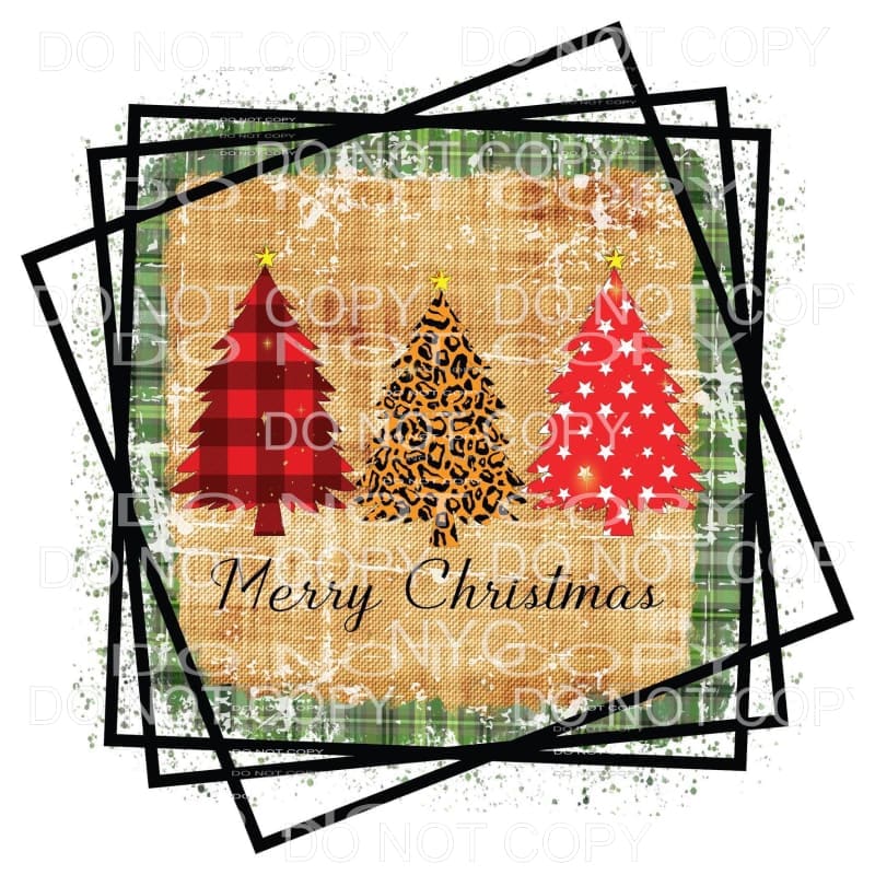 Merry Christmas Red Plaid Stars Leopard Trees Burlap Green 