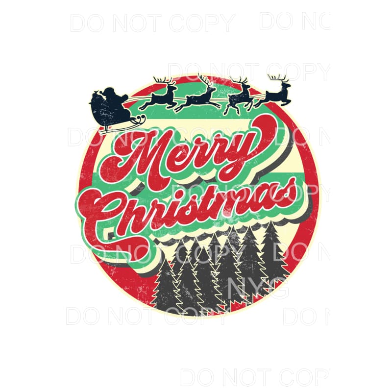 Merry Christmas Santa Sleight Trees Distressed Retro 