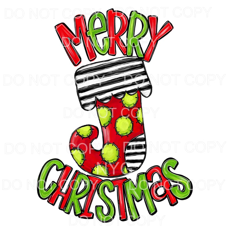 Merry Christmas Stocking Red Green Polka Dots Black Stripes 