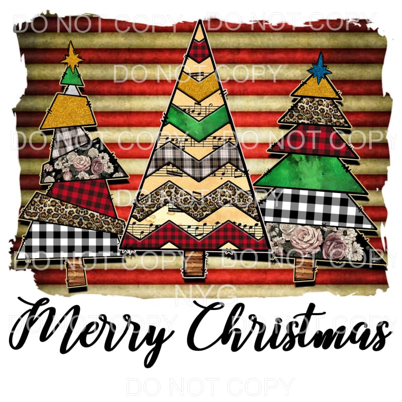 Merry Christmas Tree Trio Patchwork Multiple Patterns 