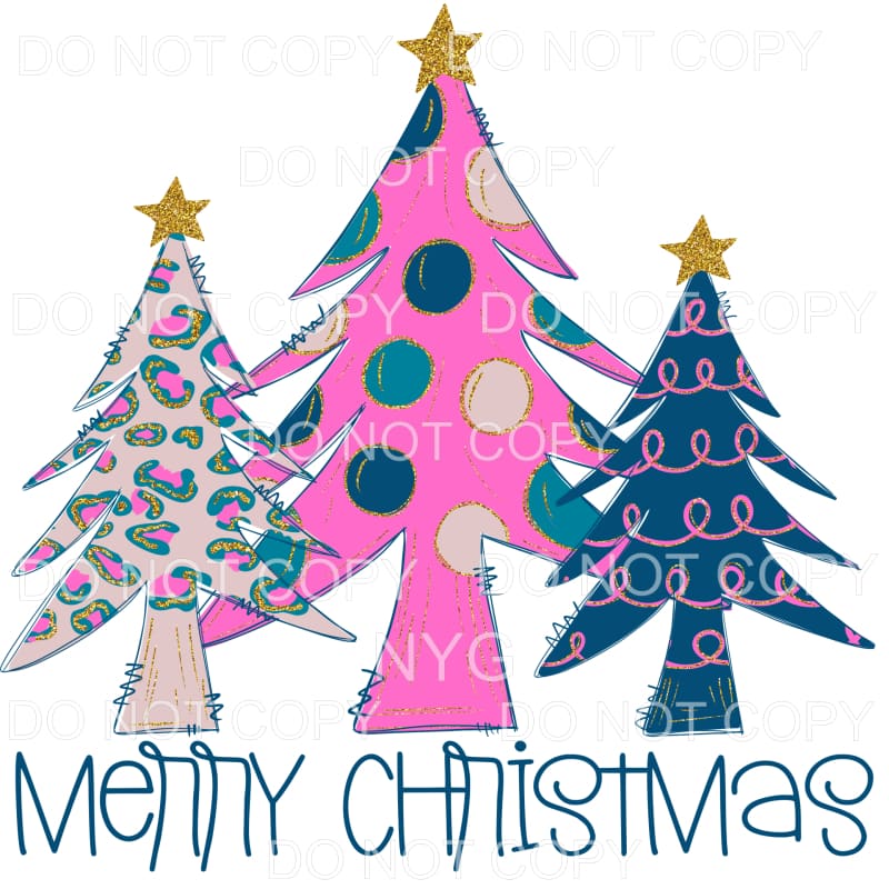 Merry Christmas Tree Trio Pink Leopard Colorful Polka Dots 