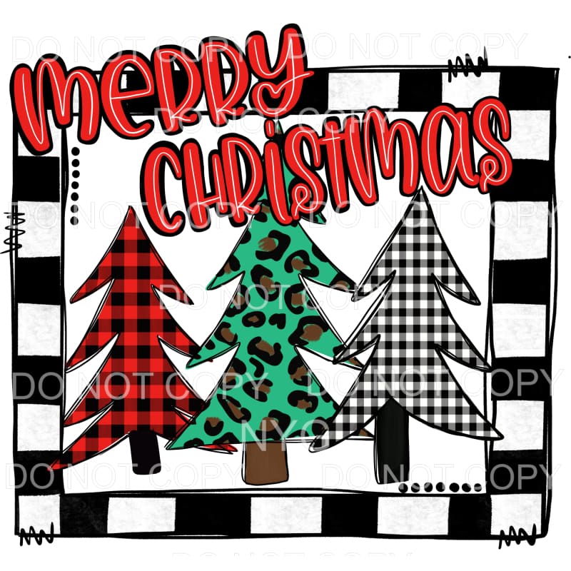 Merry Christmas Trees Red Green Buffalo Plaid Black Stripe 