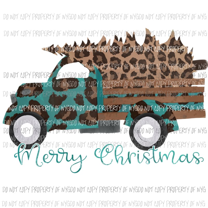Merry Christmas Truck antique turquoise tree leopard Sublimation transfers Heat Transfer