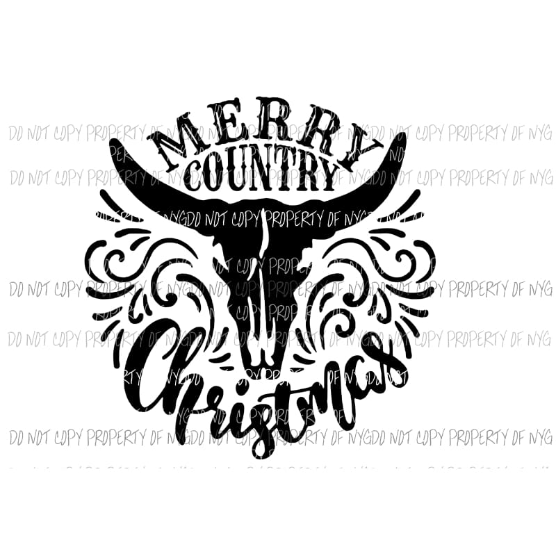 Merry Country Christmas Bull Skull BLACK Sublimation transfers Heat Transfer