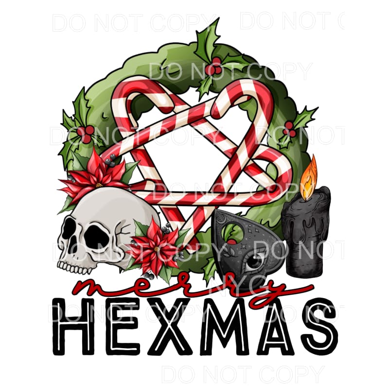 Merry Hexmas Holly Wreath Skull Black Candles Candy Canes 