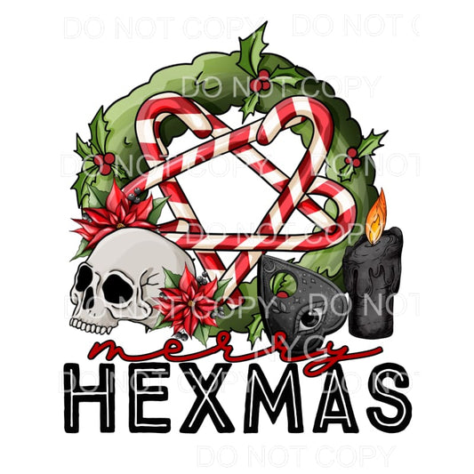 Merry Hexmas Holly Wreath Skull Black Candles Candy Canes 