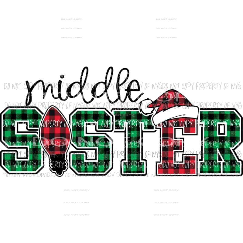 MIDDLE SISTER buffalo plaid bulb santa hat Sublimation transfers Heat Transfer