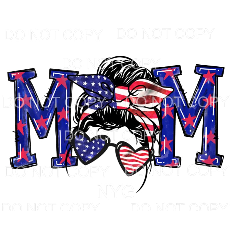 Mom Messy Bun Heart Glasses Red White Blue Sublimation 