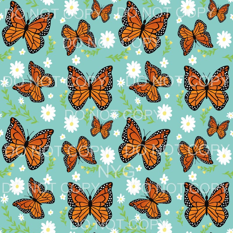 Monarch Butterfly Daisies Aqua Sheet Sublimation transfers -
