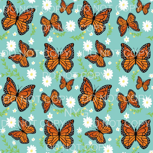 Monarch Butterfly Daisies Aqua Sheet Sublimation transfers -