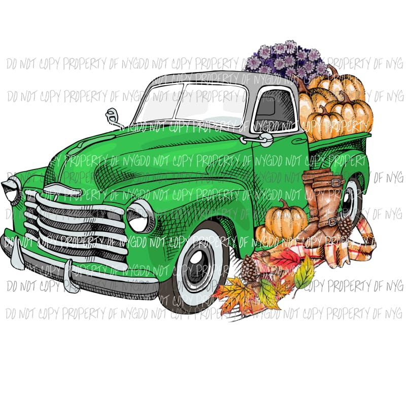 Old green Truck Autumn pumpkins leaves Sublimation transfers Heat Transfer