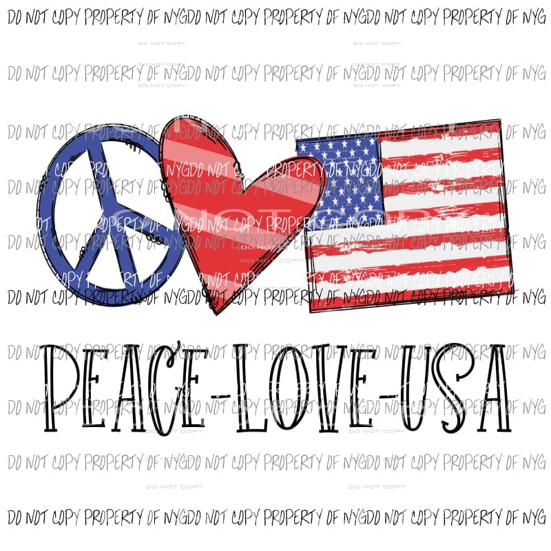 Peace Love USA heart flag Sublimation transfers Heat Transfer