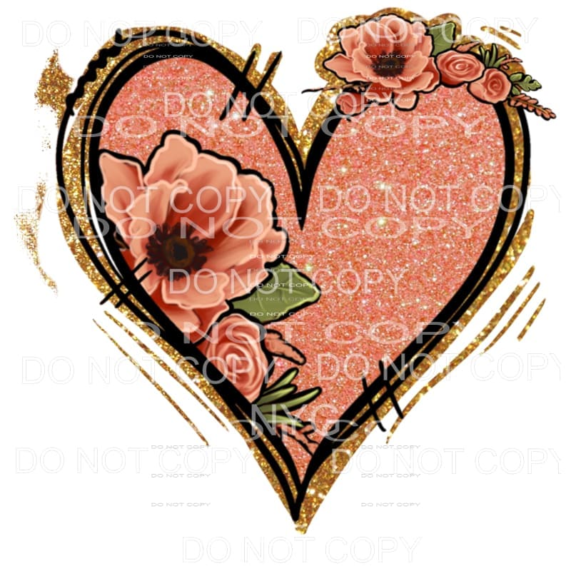 Peach Floral Gold Glitter Heart #2029 Sublimation transfers 