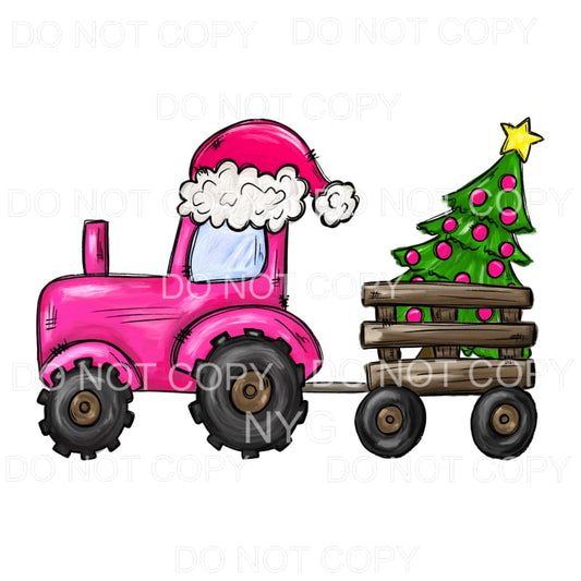 Pink Christmas Tractor Santa Hat Tree #1476 Sublimation 
