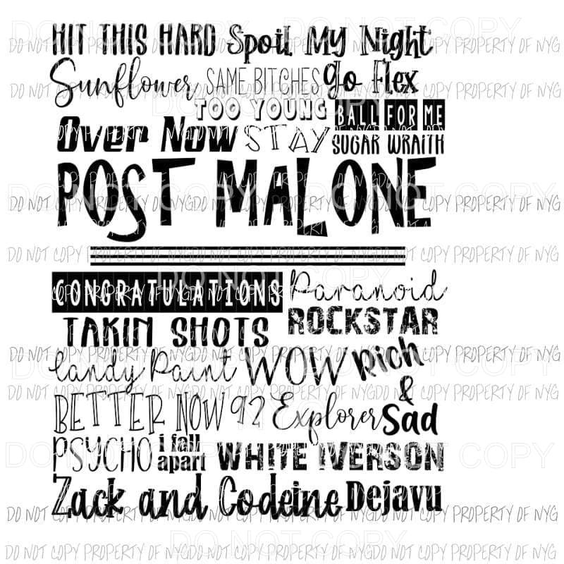 Post Malone Song Titles Sublimation transfers Heat Transfer