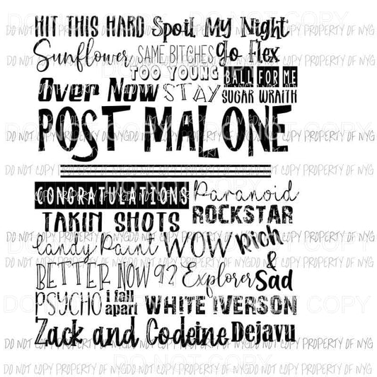 Post Malone Song Titles Sublimation transfers Heat Transfer