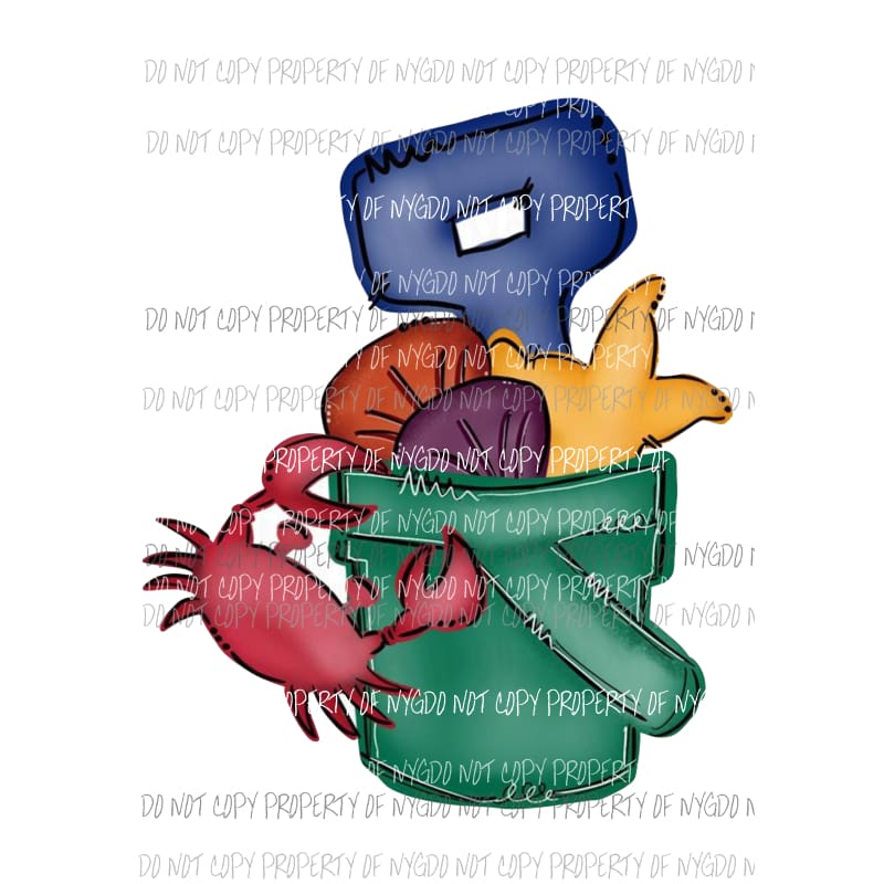 Sand Pail #3 starfish shovel crab Sublimation transfers Heat Transfer