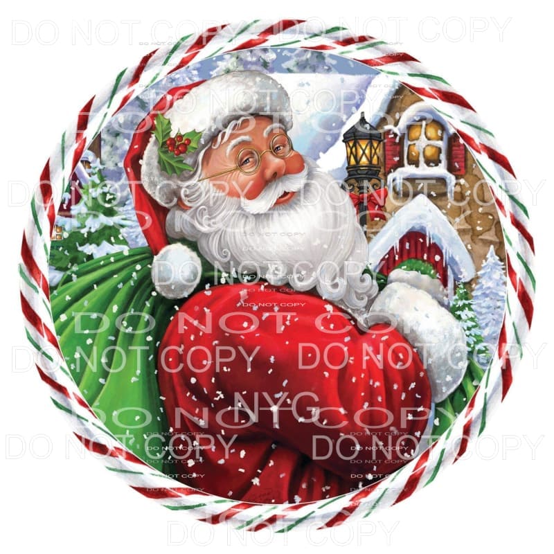 Santa Winter Scene Red Green Stripes Circle #1733 