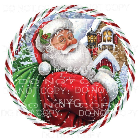 Santa Winter Scene Red Green Stripes Circle #1733 