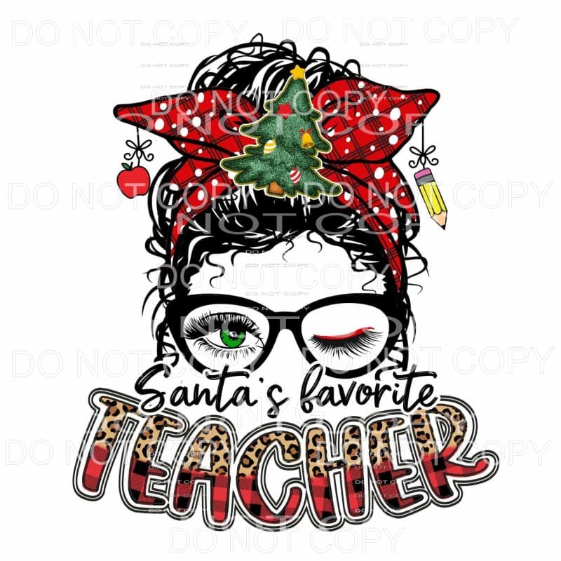 Santa’s Favorite Teacher Red Plaid Christmas Tree Messy Bun 
