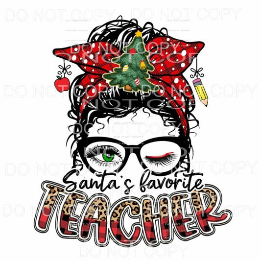 Santa’s Favorite Teacher Red Plaid Christmas Tree Messy Bun 