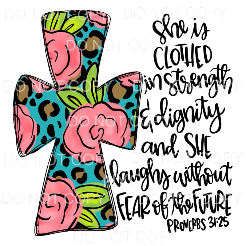 She Is Clothed In Strength Bible Verse Blue Leopard Pink 