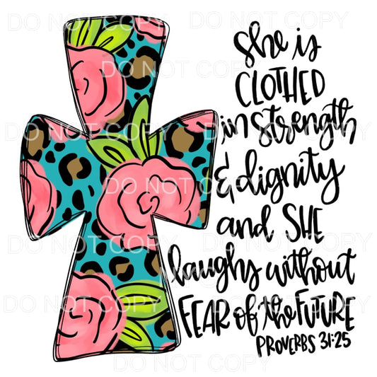 She Is Clothed In Strength Bible Verse Blue Leopard Pink 