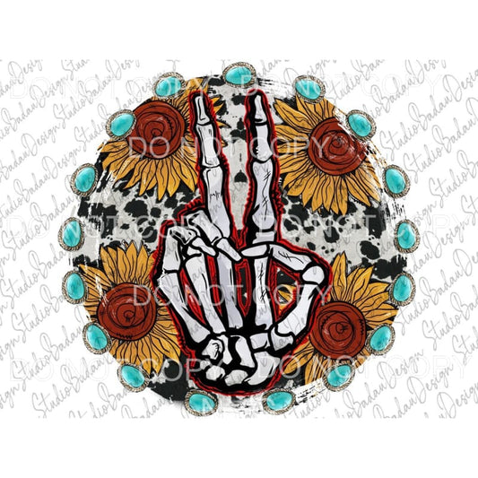 Skeleton Hand Sunflower Cowhide Turquoise Circle #200 
