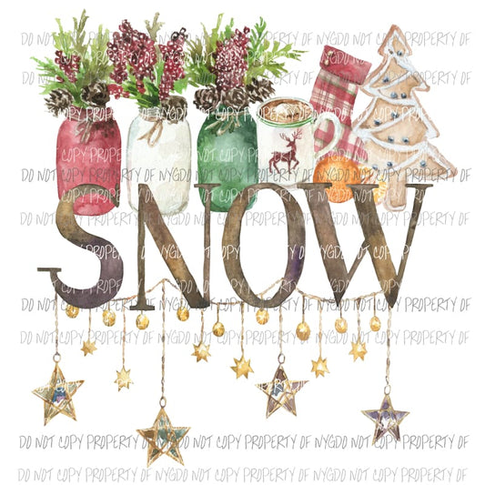SNOW mason jars cocoa stockings cookies Sublimation transfers Heat Transfer