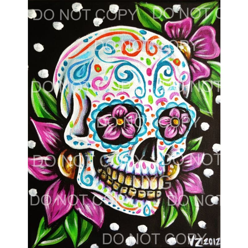 Sugar Skull Purple Flowers Black Background Sublimation 