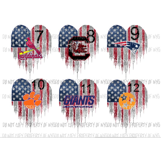 Team Heart flag 6 to choose from 7-12 Sublimation transfers Heat Transfer