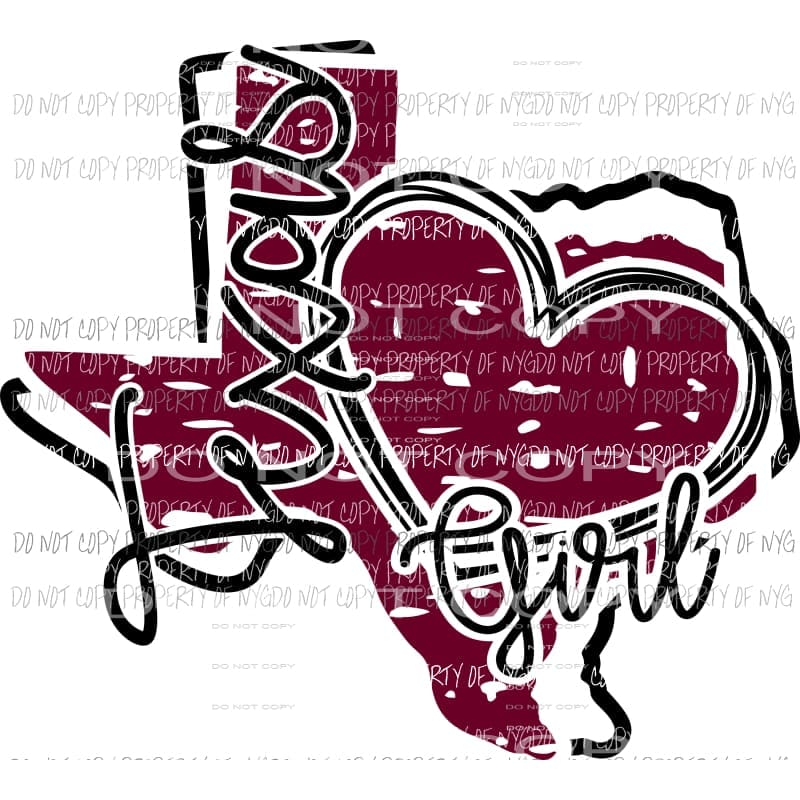 Texas Girl state outline heart maroon black Sublimation transfers Heat Transfer