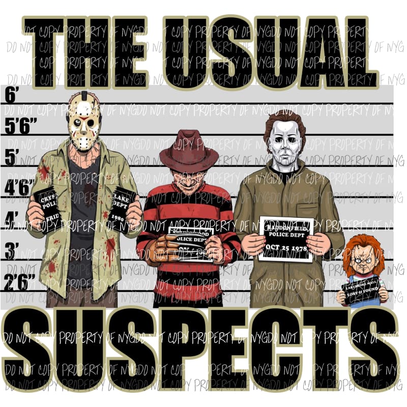 The Usual suspects 1 Nightmare Halloween Freddie chucky Sublimation transfers Heat Transfer