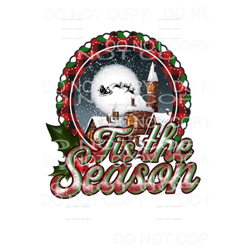 Tis The Season Santa Sleight Snow Red Green Plaid Wreath 